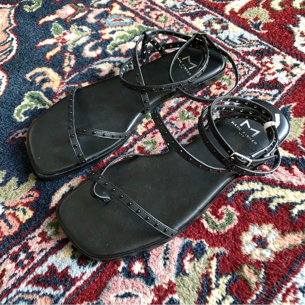 Marc Fisher Nalica Black Studded Leather Strappy Flat Sandals